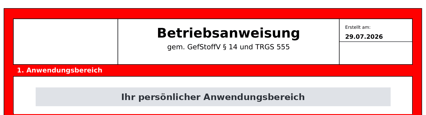 Echter oberer Ausschnitt einer SDSWorks-Betriebsanweisung